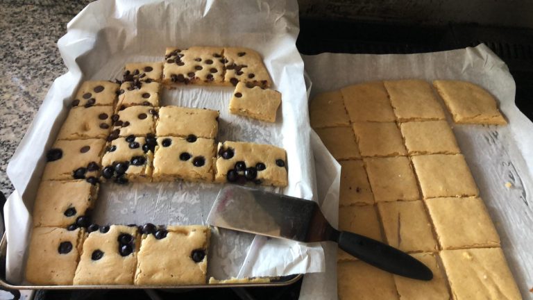 Sheet cakes filled with pan cake batter and baked.